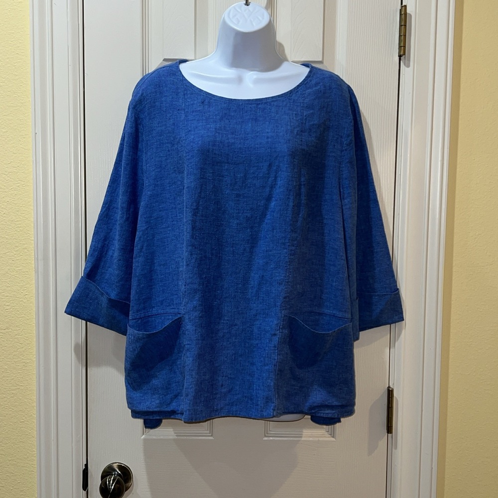 Habitat Blue Linen Cotton Blouse Women Sz XL Lagenlook Boxy Boho Cottagecore